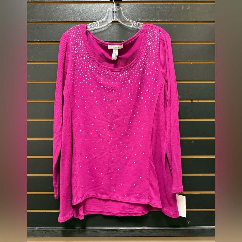 Style & Co Magenta Rhinestone Embellished Long Sleeve Top L